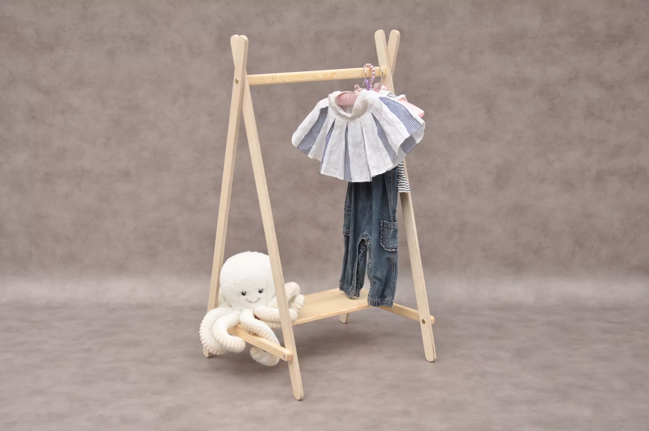 Childrens dressing up rail Tipi for toddler's small clothes, Barin Toys mini hanging rail - convinient and low-cost, sturdy wooden kid's open wardrobe available to order online at barintoys.com with free delivery.
