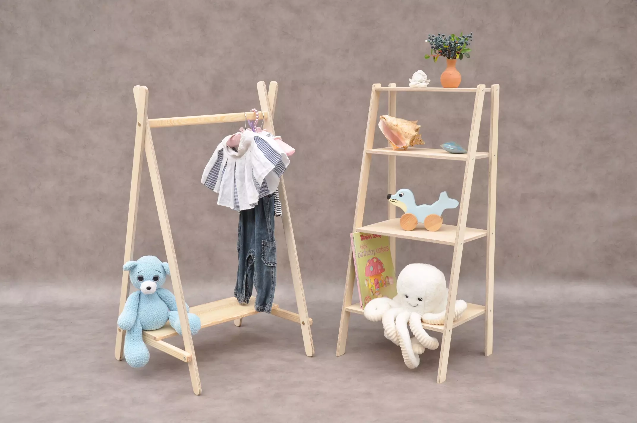 Montessori nursery wooden wardrobe set by Barin Toys brand includes Tipi baby clothes rail wooden rack with shelf and ladder shelf closet suitable for children's clothes, toys and books.