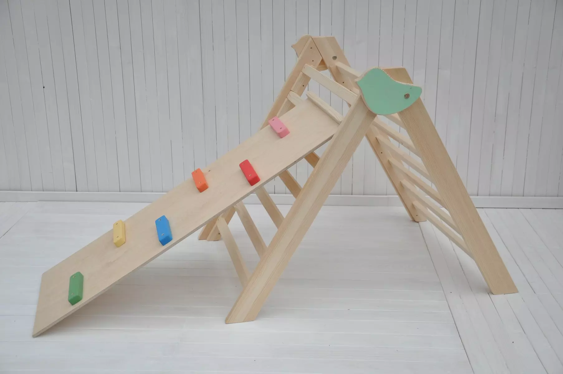 Indoor climbing frame Barin Toys Tiny Bird big pikler triangle with Beginner's board and slide, infant wooden toy set available with free shipping online only at BarinToys.com.
