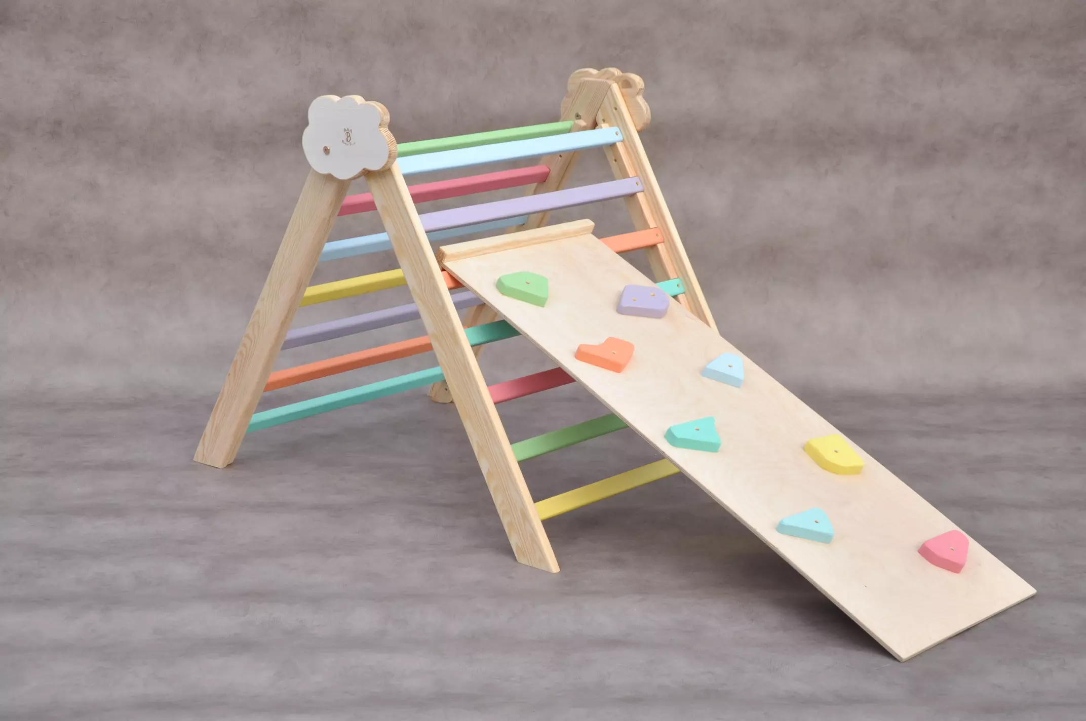 Wooden climbing frame indoor baby gym Clloud Rainbow climber with Rocks slide available at sale price at BarinToys online shop with free delivery.