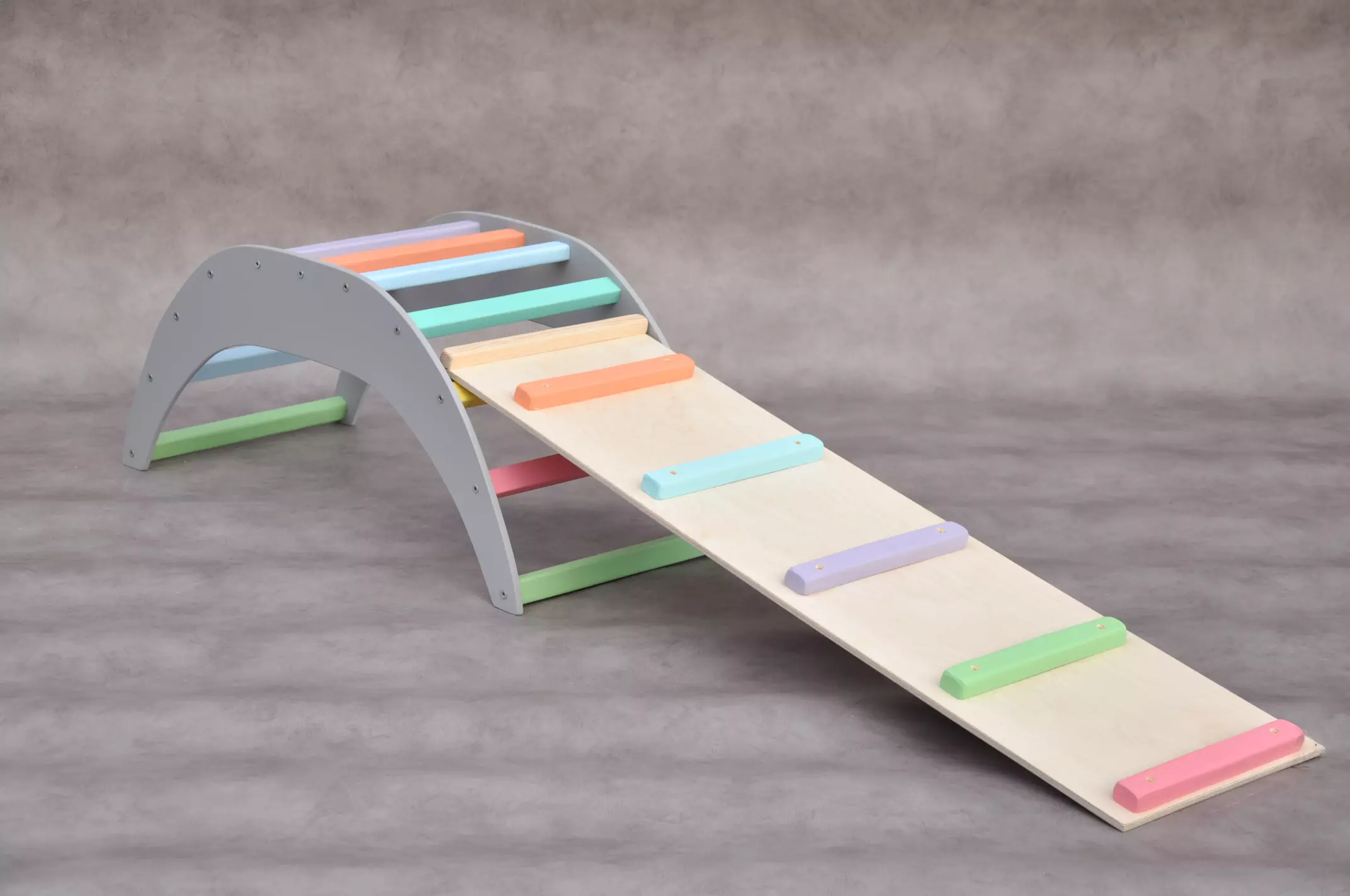 Climbing arch and First Baby Steps board pikler slide - indoor climbing toys for toddlers and babies from 6 months old age.