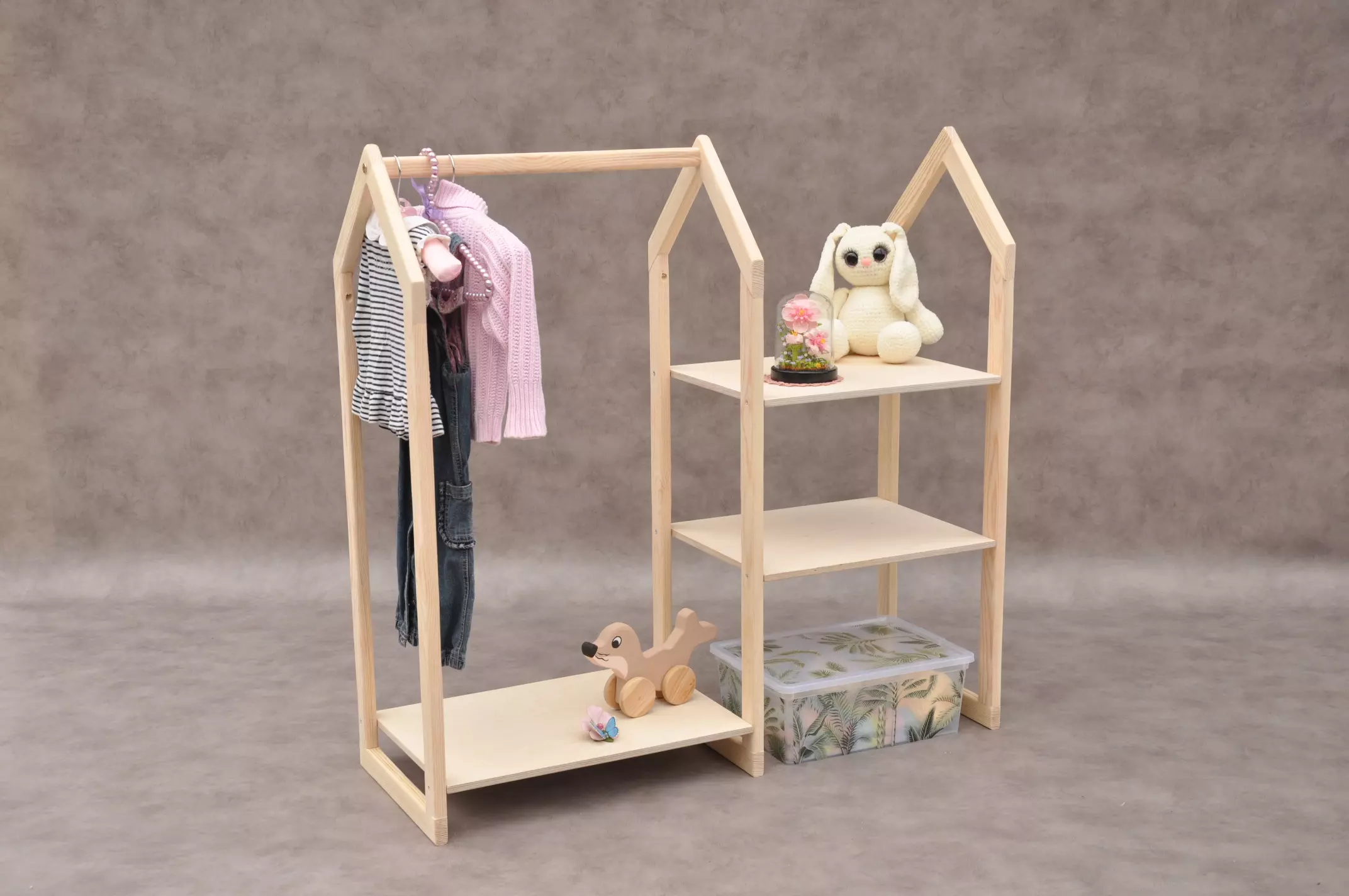 House for baby clothes by Barin Toys brand wooden nursery childrens clothes rail for Montessori babies and toddlers.