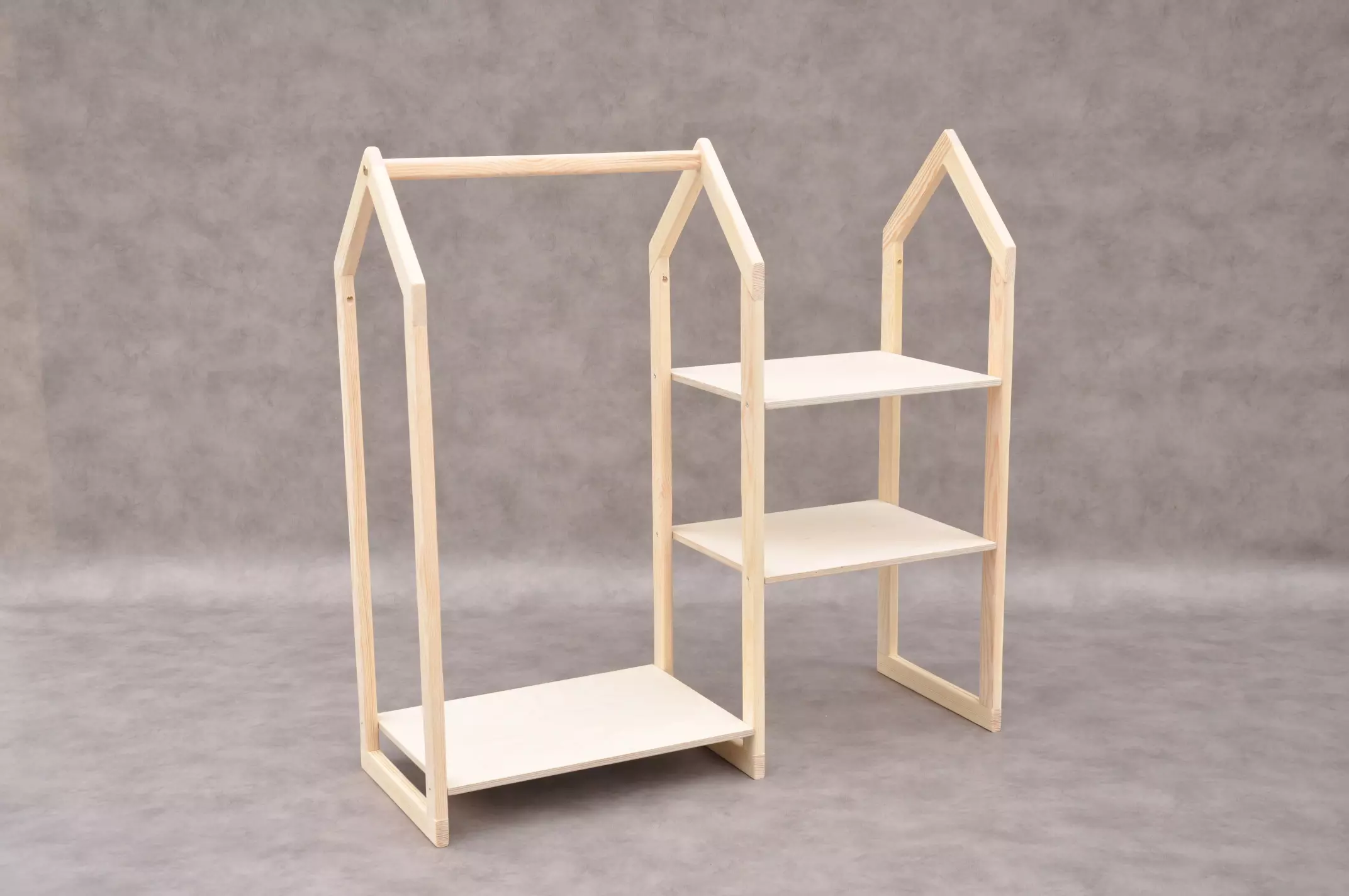 Childrens clothes rail with shelves by Barin Toys brand nursery wooden wardrobe for babies and toddlers.