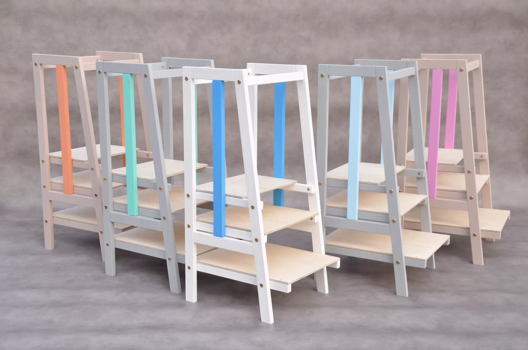 Stripe kitchen helper Montessori learning tower in modern design developed by Barin Toys brand company.