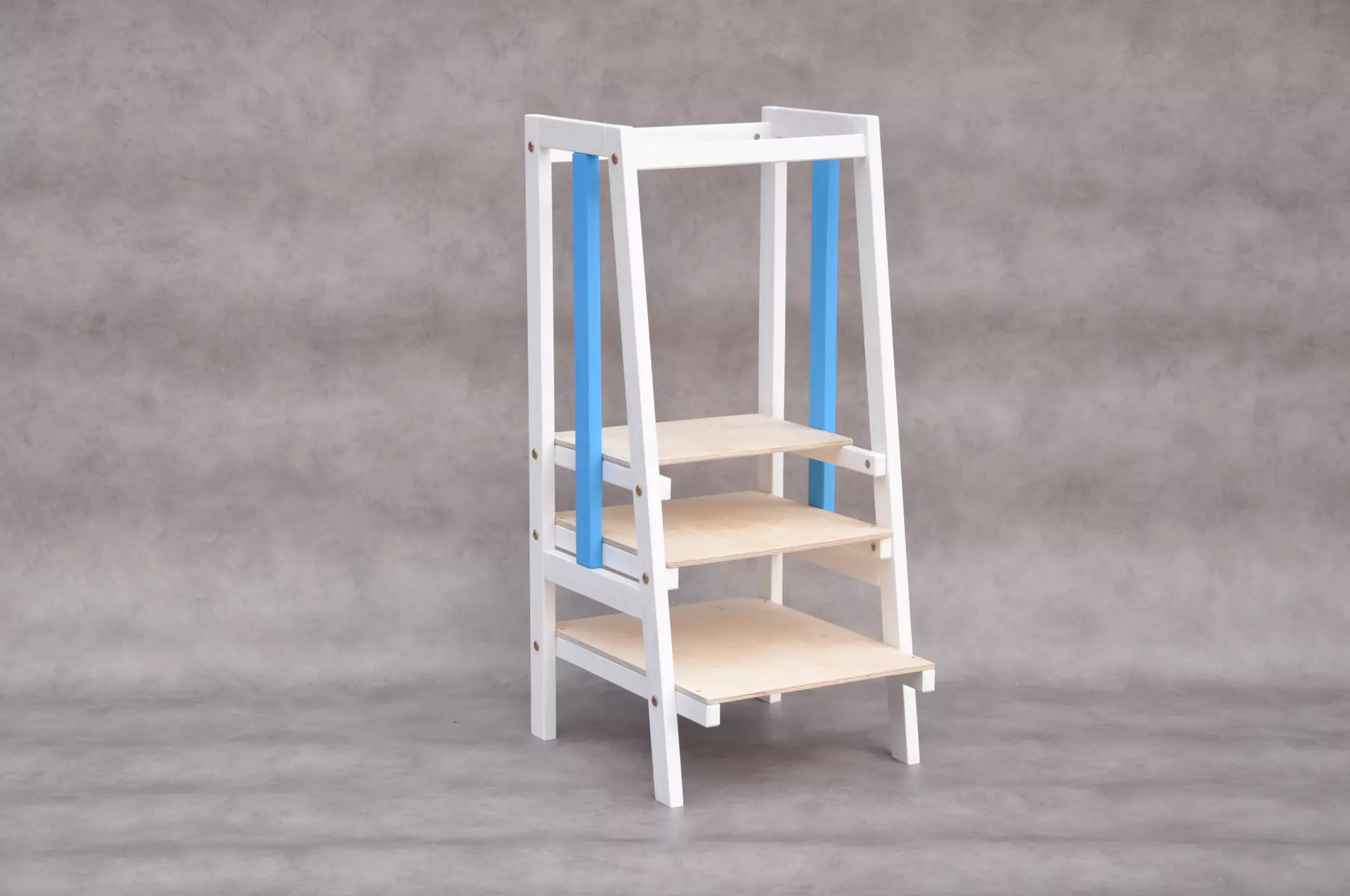 Toddler tower Stripe Mediterranean royal blue and white color, Montessori learning 3 levels step stool up to 220 lbs kitchen helper tower for babies from 10 months till kids 10 years old available for free delivery at Barin Toys shop online.