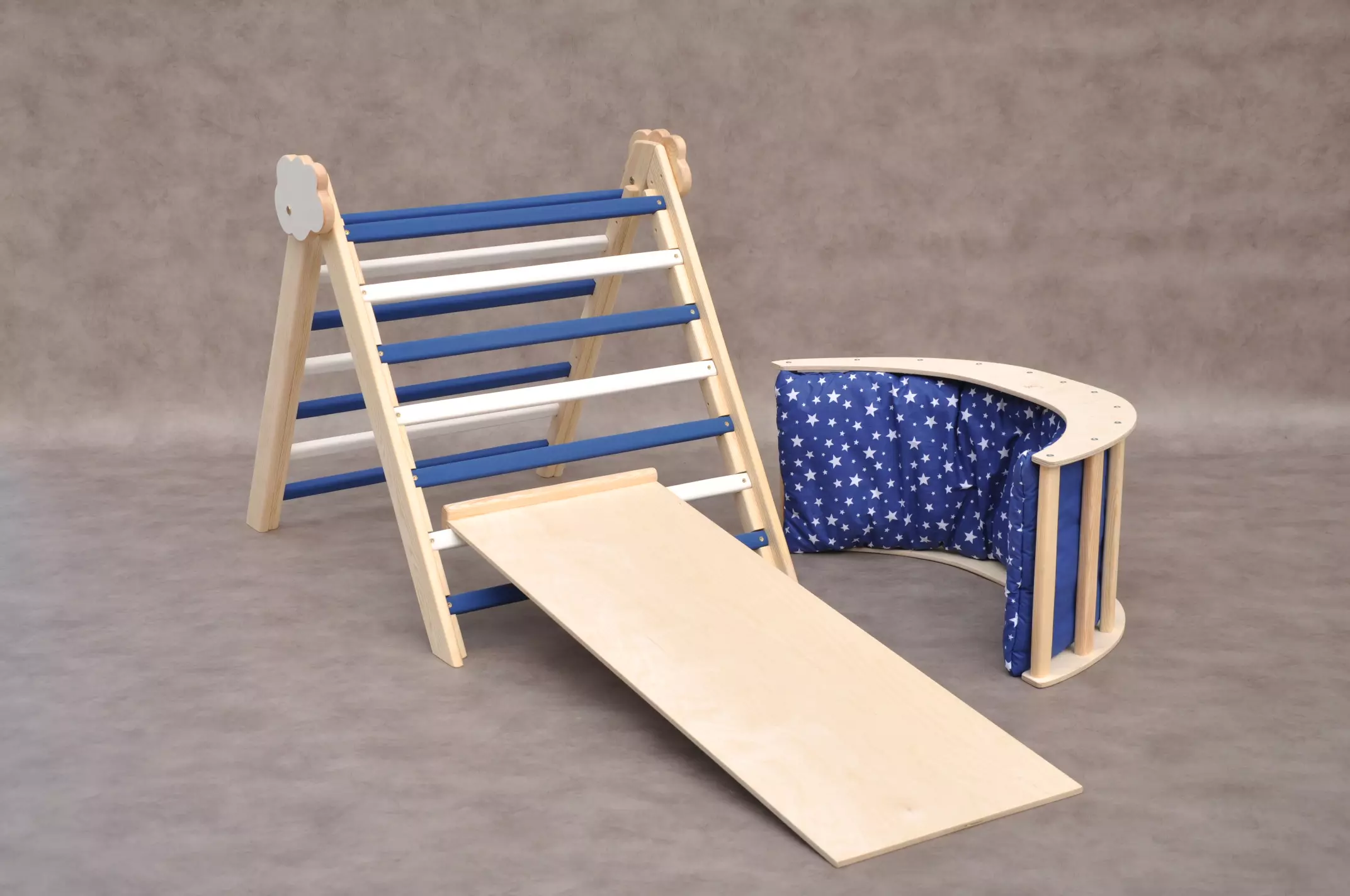 Climbing frame with a slide Cloud Marine blue for nautical design baby room. Nautical Cloud and arch Montessori baby climbing gym set available at special price at Barin Toys toy store online with free delivery.