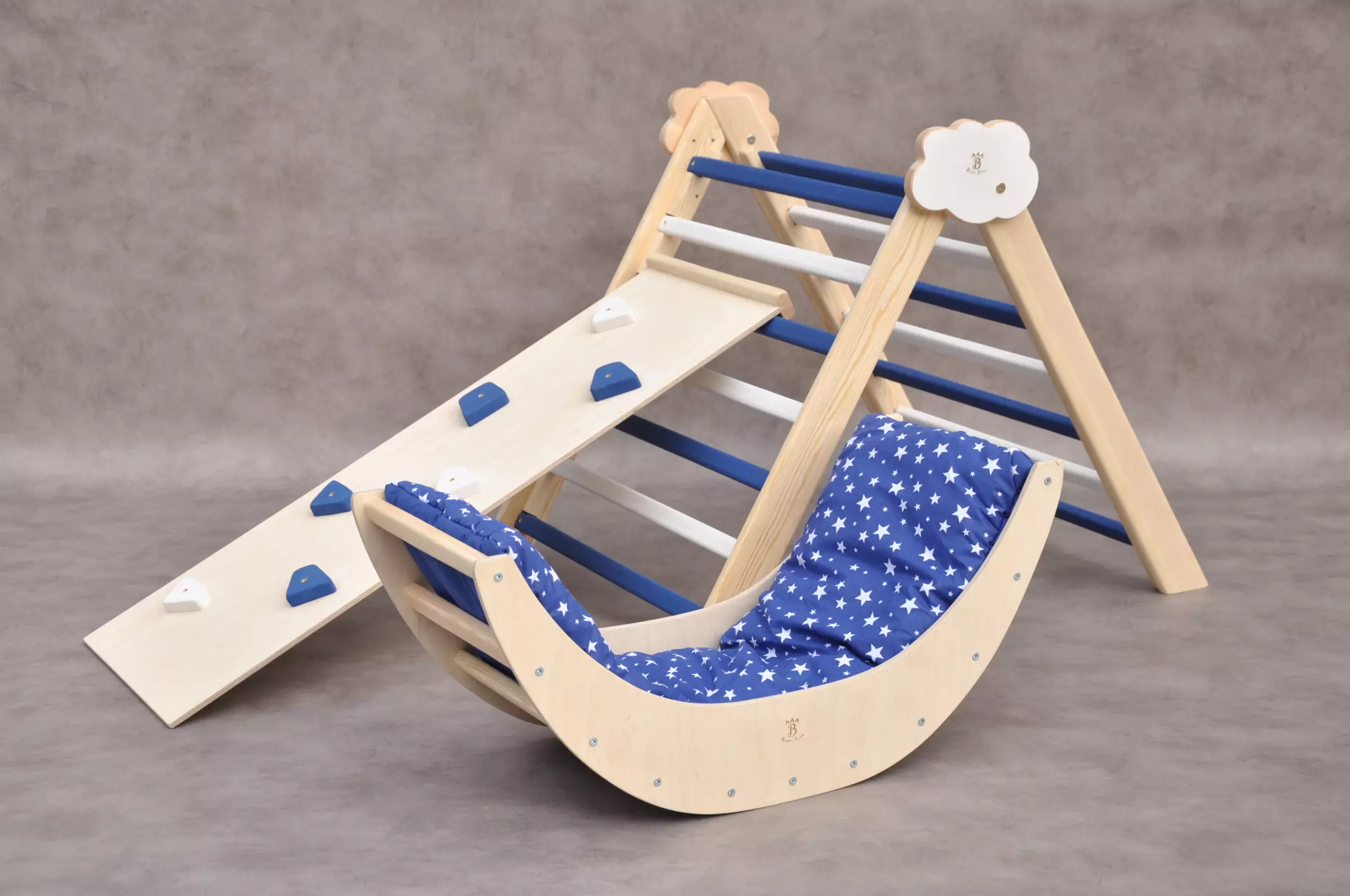 Montessori wooden toys - Pikler triangle & baby arch by Barin Toys - Nautical Cloud baby climber gym and climbing arch with a pillow. Hand selected unfinished wooden climbing frame with navy blue and white color steps. 2025 year new special edition of Bar