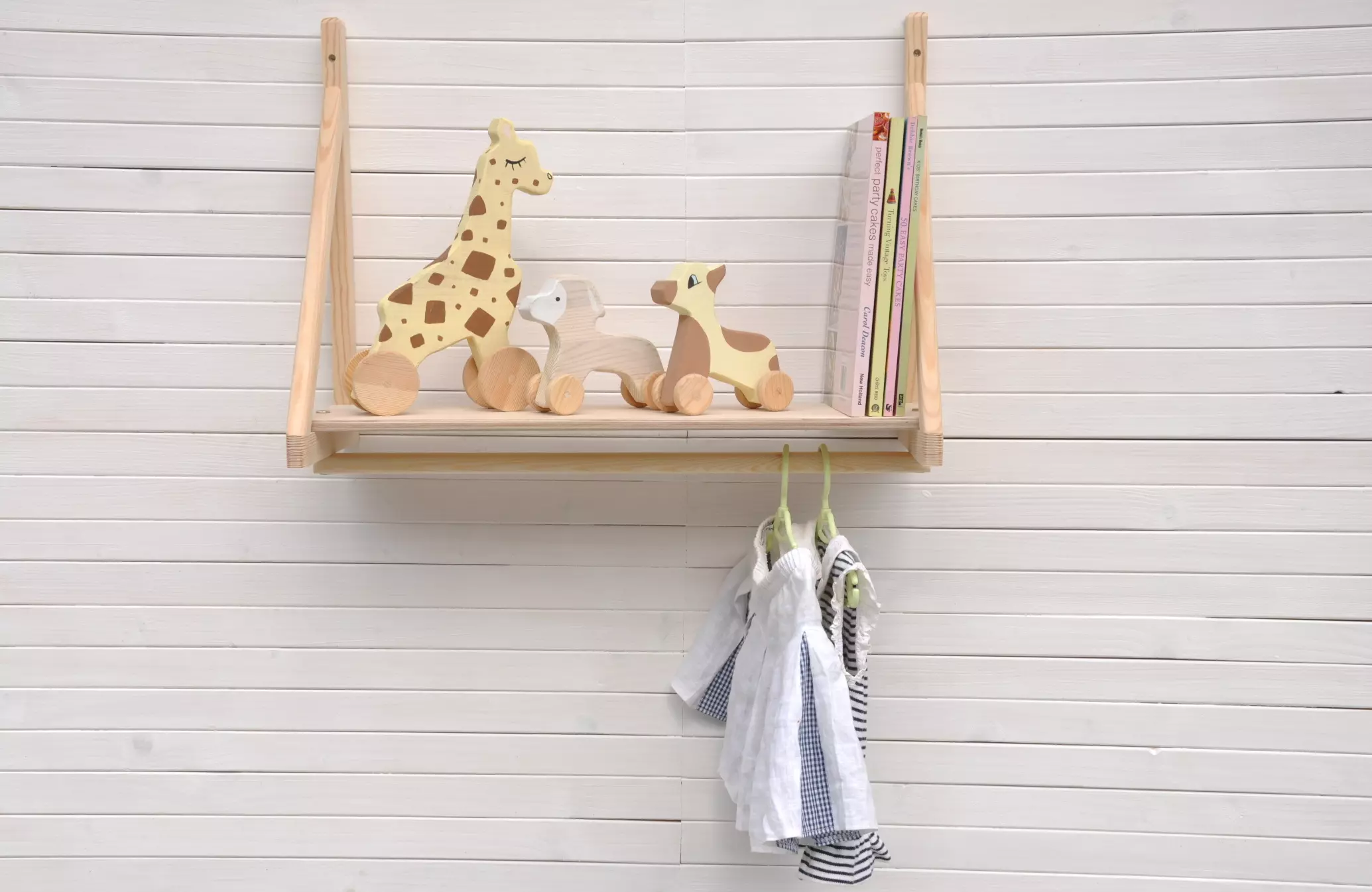 Nursery shelf with rail, Barin Toys Set Sail floating wooden nursery shelf and wall children's hanging rail for fancy dress, costume, baby and toddler mini clothes small shelving unit available to order online with EU & Ireland free shipping at BarinToys.