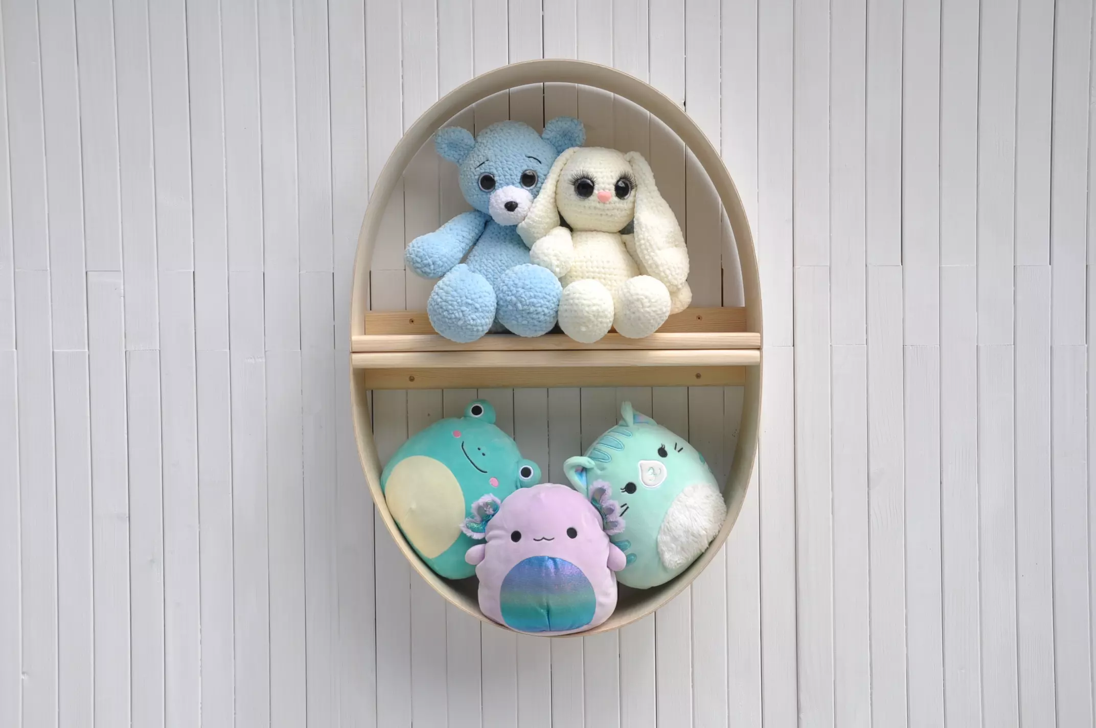 Circle wall shelf Egg by Barin Toys - arched pine and plywood shelves, suitable as a decorative shelves for a bedroom and living room, perfect mum to be gifts for a nursery, baby room plush toys shelves and Easter celebration. Buy online at BarinToys.com 