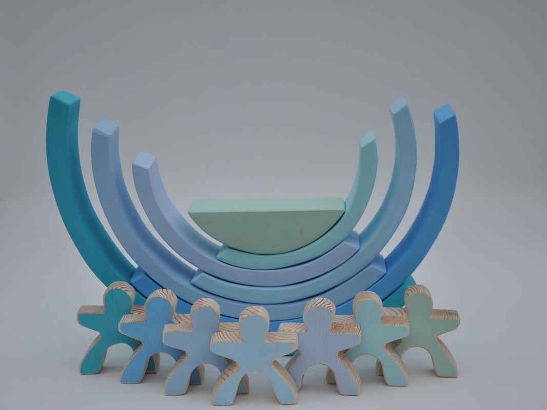 Buy pastel blue color wooden rainbow stacking toy for toddler visual and motor skill development at BarinToys.com online store