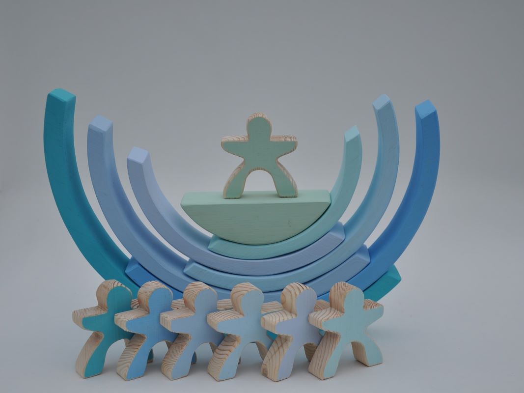 Buy pastel blue color wooden rainbow stacking toy for toddler visual and motor skill development at BarinToys.com online store