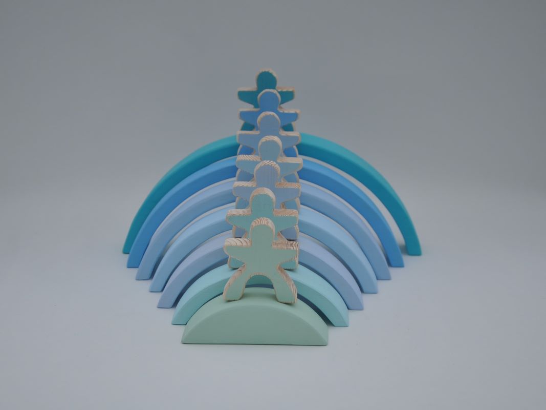 Buy pastel blue color wooden rainbow stacking toy for toddler visual and motor skill development at BarinToys.com online store