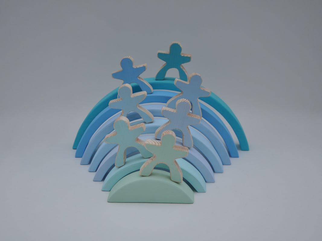 Buy pastel blue color wooden rainbow stacking toy for toddler visual and motor skill development at BarinToys.com online store