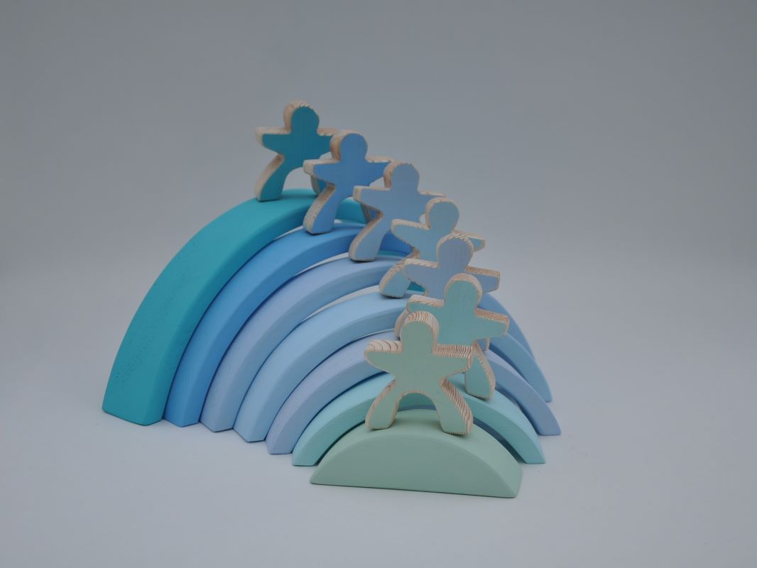 Buy pastel blue color wooden rainbow stacking toy for toddler visual and motor skill development at BarinToys.com online store