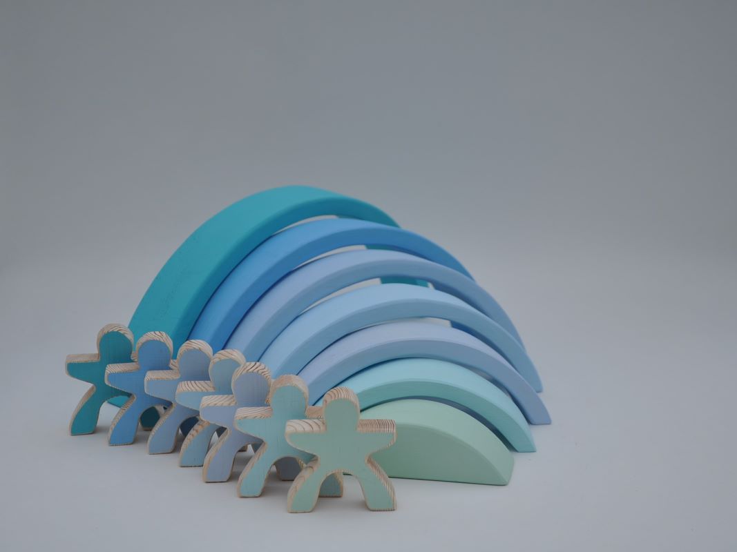 Buy pastel blue color wooden rainbow stacking toy for toddler visual and motor skill development at BarinToys.com online store