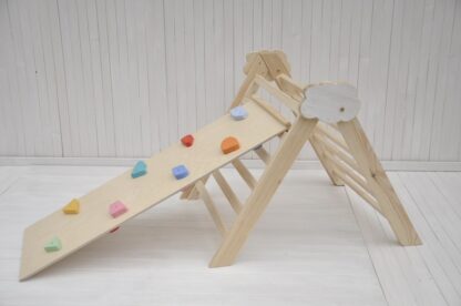 Easy folding pikler climbing triangle Cloud by Barin Toys available online with rocks and pebbles board option.