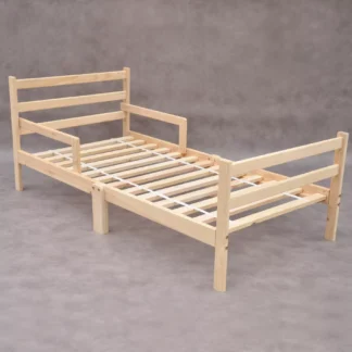 Toddler bed Baltic Pine Forest small child's single bed, low height Montessori bed frame with safety rails on both sides for sale at Barin Toys online shop with free delivery.