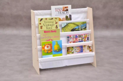 Kids bookshelf Barin Toys nursery bookshelf white sling book shelves for Montessori children.