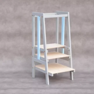 Learning tower kitchen helper stool Stripe grey & baby blue modern kitchen helper tower: wooden kitchen helper stool with 3 platform levels included up to 100 kg weight capacity limit.
